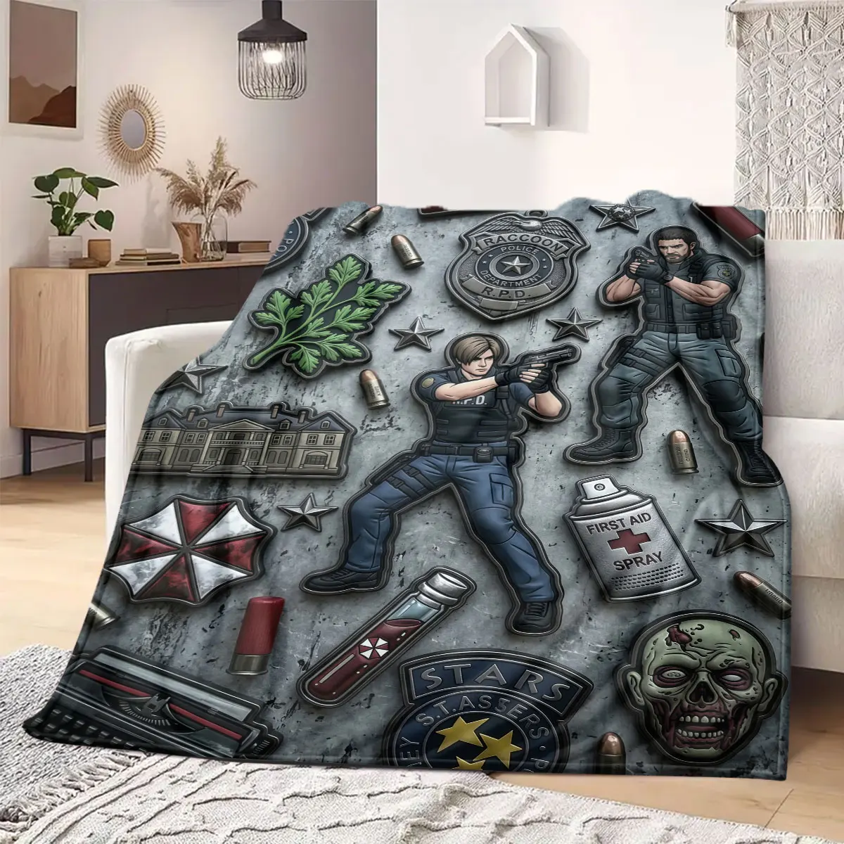 Resident Evil Dynamic Print Flannel Blanket, Anime Design for Home Decor, Warm Bedding for Couch, Picnic Throw Mat_LIAN