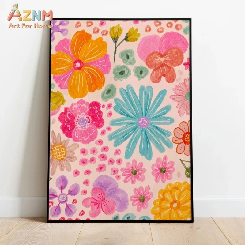 AZNM Vibrant Multicolor Floral Canvas Wall Art Pink Background Hand Drawn Daisy Flower Print Unframed Canvas Bright Aesthetic Ho