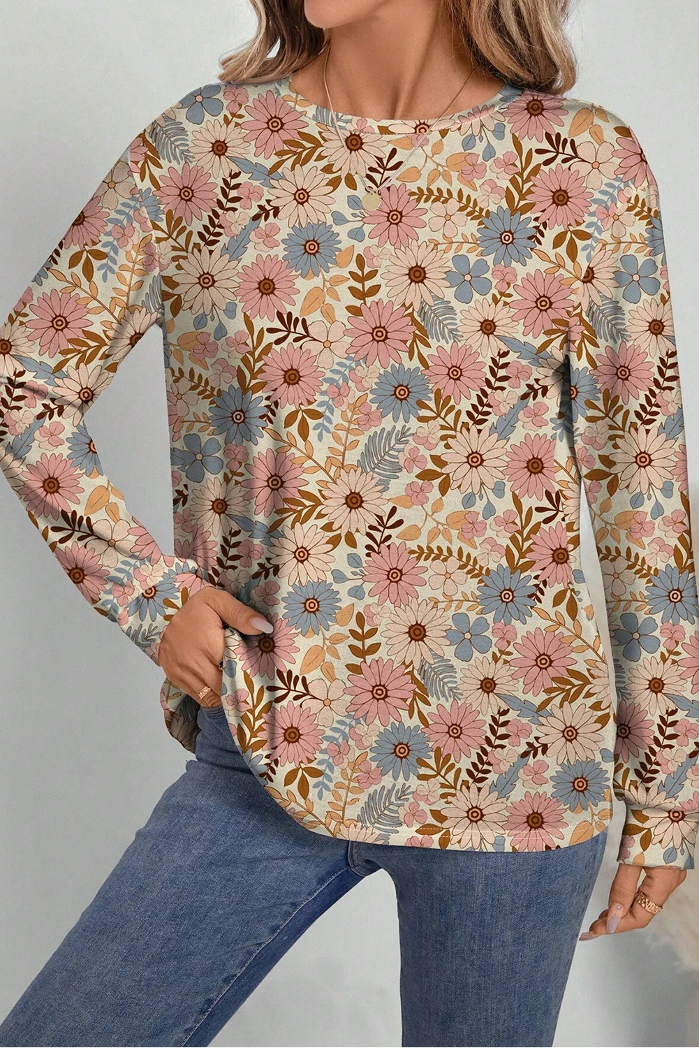 여성용 가을 라운드넥 풀오버, 캐주얼하고 다재다능한 꽃무늬 프린트 스웨터