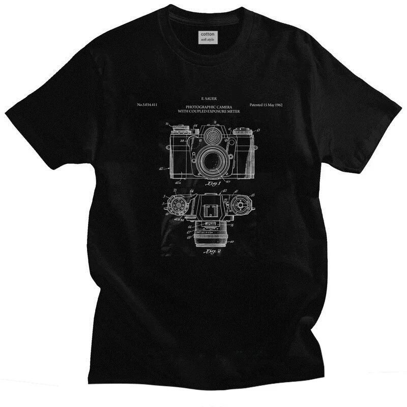 Vintage Camera Lens Photographer T Shirts Men Short Sleeve Photography Lover T-shirts Printed Tee Cotton Regular Fit Tshirts