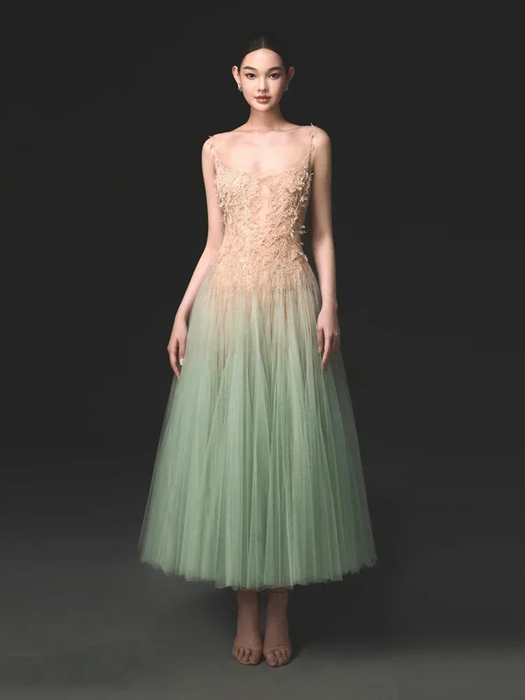 

Sexy Spaghetti Strap Lace Patchwork Mesh Long Dress Women Contrast Color Sleevelee Square Neck Dresses Elegant Evening Party