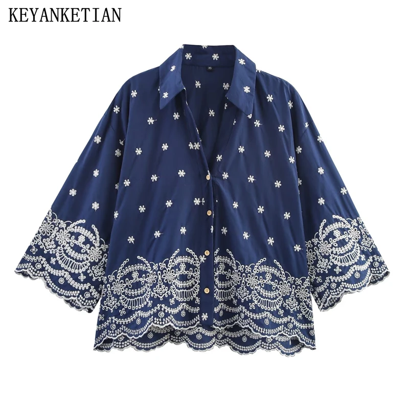 

KEYANKETIAN 2025 Summer New Women's Flower-embroidered shirt Bohemian style Single Breasted Middle sleeve Loose Blouses Crop Top