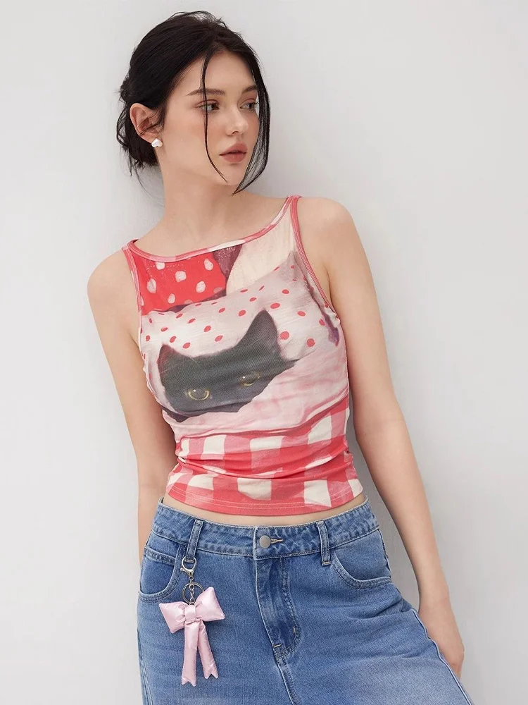 

Retro Japanese Gothic style kitten print top, 2000s garbage rock slim fit lifting pattern sleeveless aesthetic y2k girl