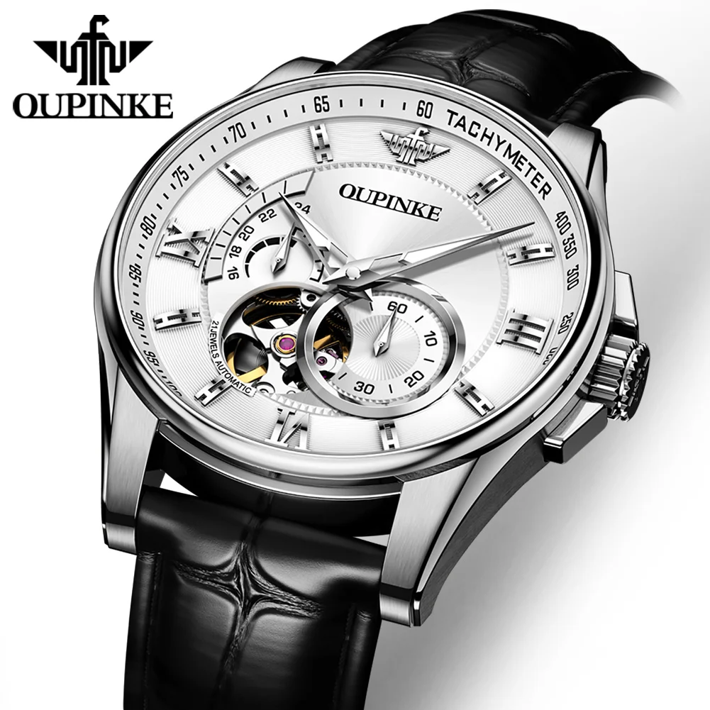 OUPINKE Men's Watches Trend Fashion Personality Automatic Wristwatch Independent Second Hand Dial Comfortable Leather Strap 3222