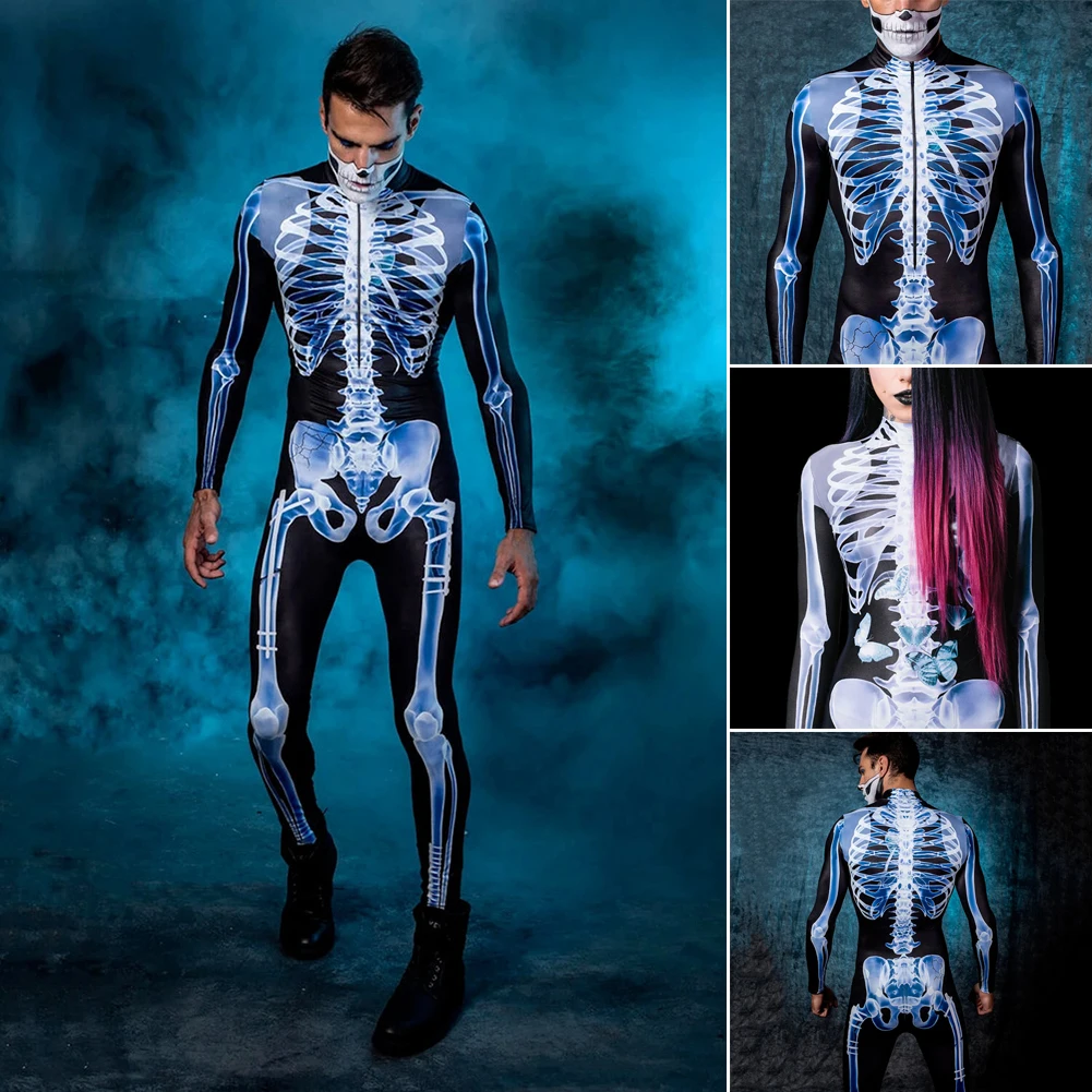 Skull Scary Halloween Costume Fitness Suit For Adult Skeleton Bone Family Horror Zombie Fancy Disguise Women Men Carnival Party