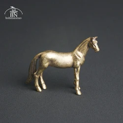 Antique Brass Solid Long Tail Horse Figurines Miniatures Feng Shui Ornaments Copper Zodiac Animal Mini Desktop Decoration Crafts