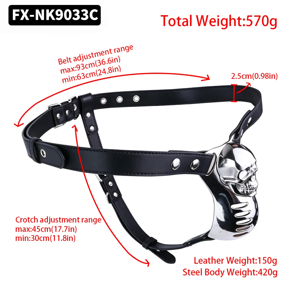 FRRK Heavy Duty Skull Male Chastity Cage Curve Metal Underwear Dick Pocket With PU Chastity Belt Penis Ring Sex Toys For Men