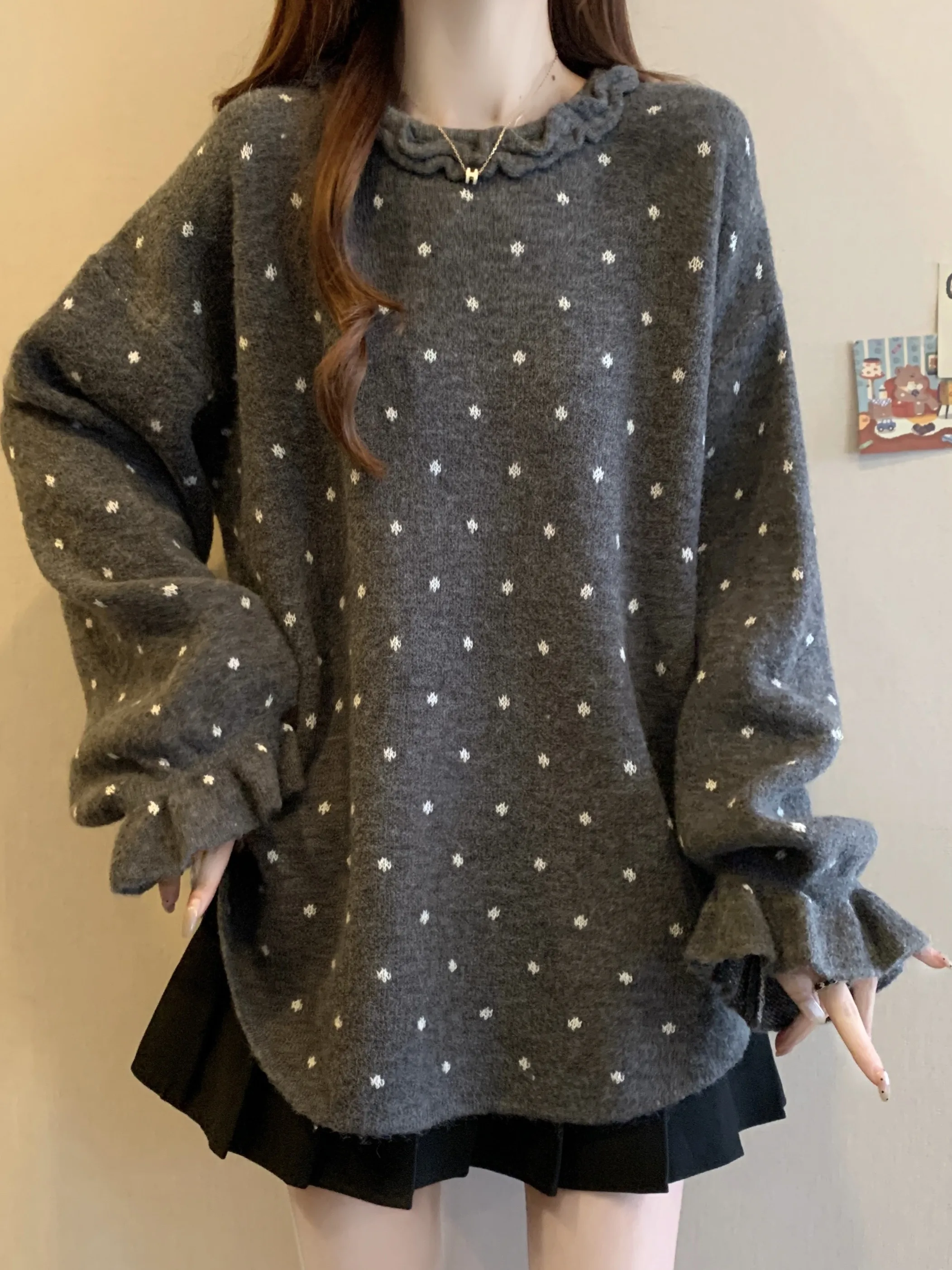 

plus Size Women's round Neck Polka Dot Knitwear Loose Fit Lazy Style Top Large Size Fashion French Style Cotton Long Sleeve