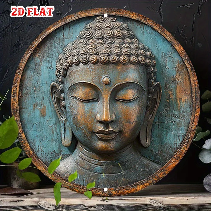 2D Flat Vintage Metal Sign Featuring Aged Bronze Buddha Head Round Decor for Cafe Beach House Backyard Ideal for Artistic Spaces