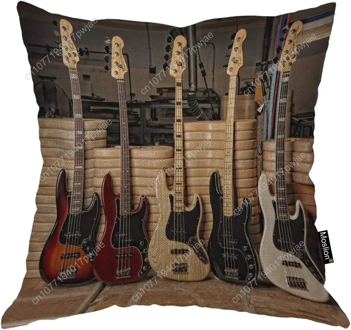 Moslion Throw Pillow Cover Guitar 18x18 Inch Bass Music Musical Instruments Strings Cool Performance Show Square Pillow Case Cus