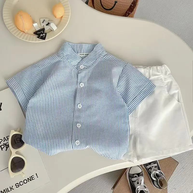 Children Summer Newborn Kids Boy Toddler Causal Clothes Stripe Shirt Tops Shorts 2Pcs/set Cotton Baby Outfits Clothing Suit 1-5Y