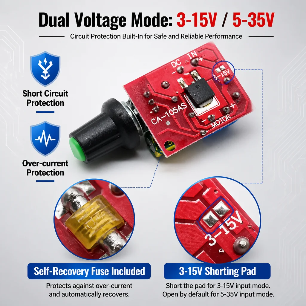 CA-105AS Mini DC Motor Speed Controller PWM 1.8V 3V 5V 6V 12V 24V 35V 2A 30W Low Voltage Speed Regulator Switch Board OEM