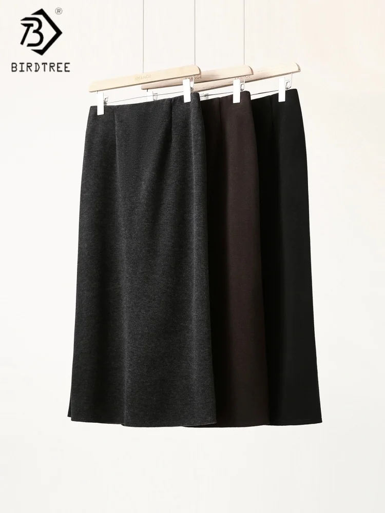 Birdtree, Kaschmir-Mischrock für Damen, elastische Taille, modische, lockere Röcke, hinten geschlitzt, Pendler-Stil, 2025 Herbstneu D5D602JF
