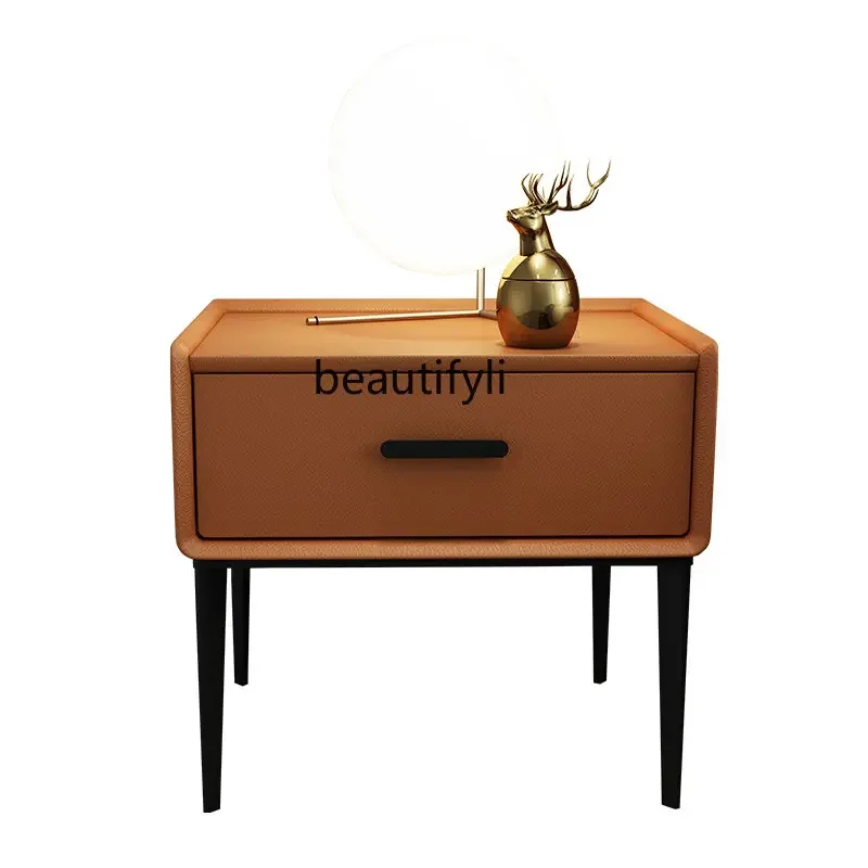 

Italian-Style Light Luxury Bedside Table Simple Modern Bedroom Solid Wood Bed-Side Leather Locker chest of drawers for bedroom