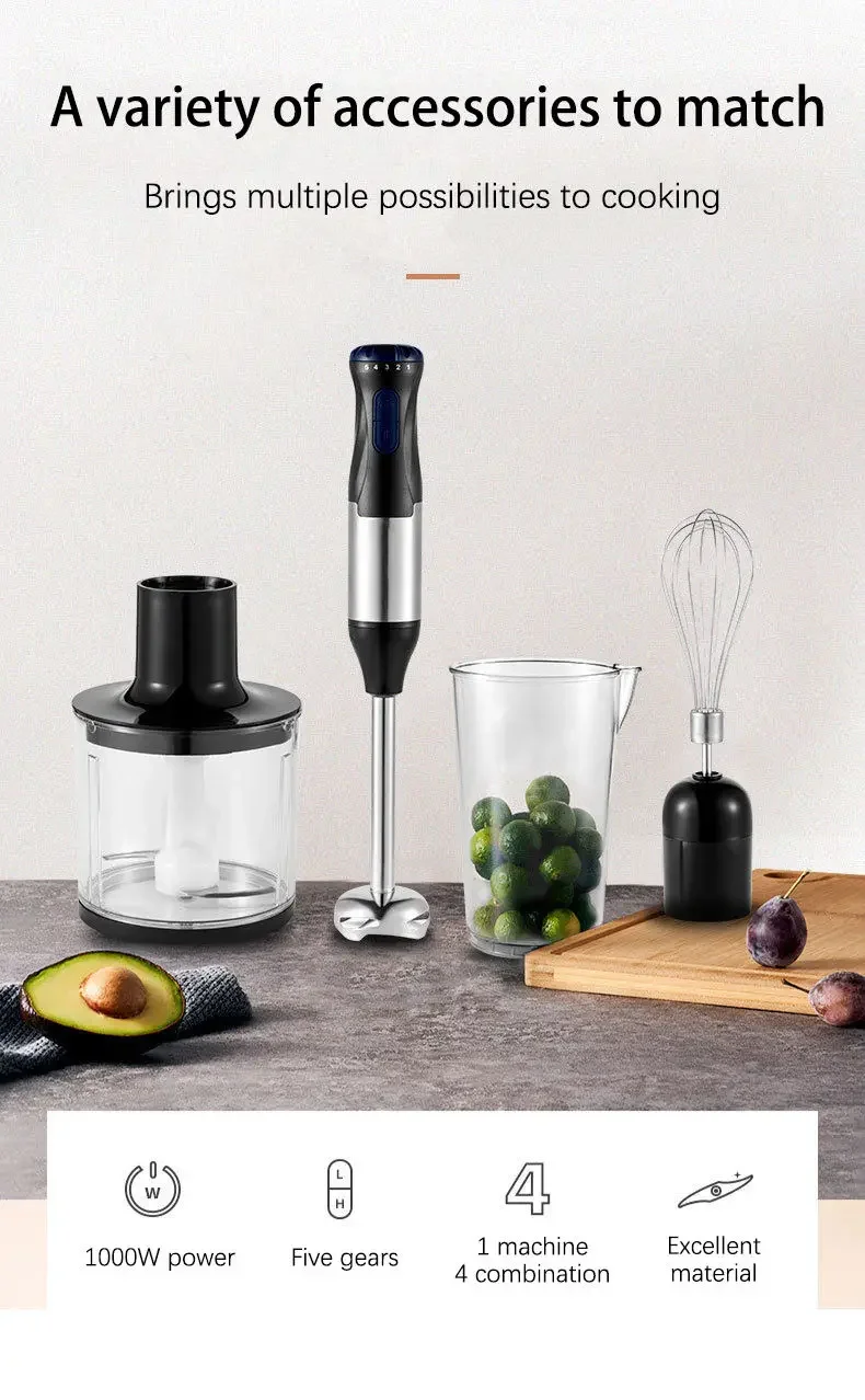 Electric Stick Hand Blender 4 in 1 Handheld Mixer 1000W Stainless Steel Blade Vegetable Meat Immersion Egg Whisk Juicer