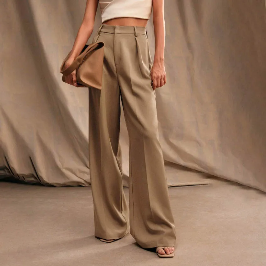 Womens High Waist Draped Wide Leg Pants Polyester Casual Straight Leg Trousers for Spring Summer Autumn Winter