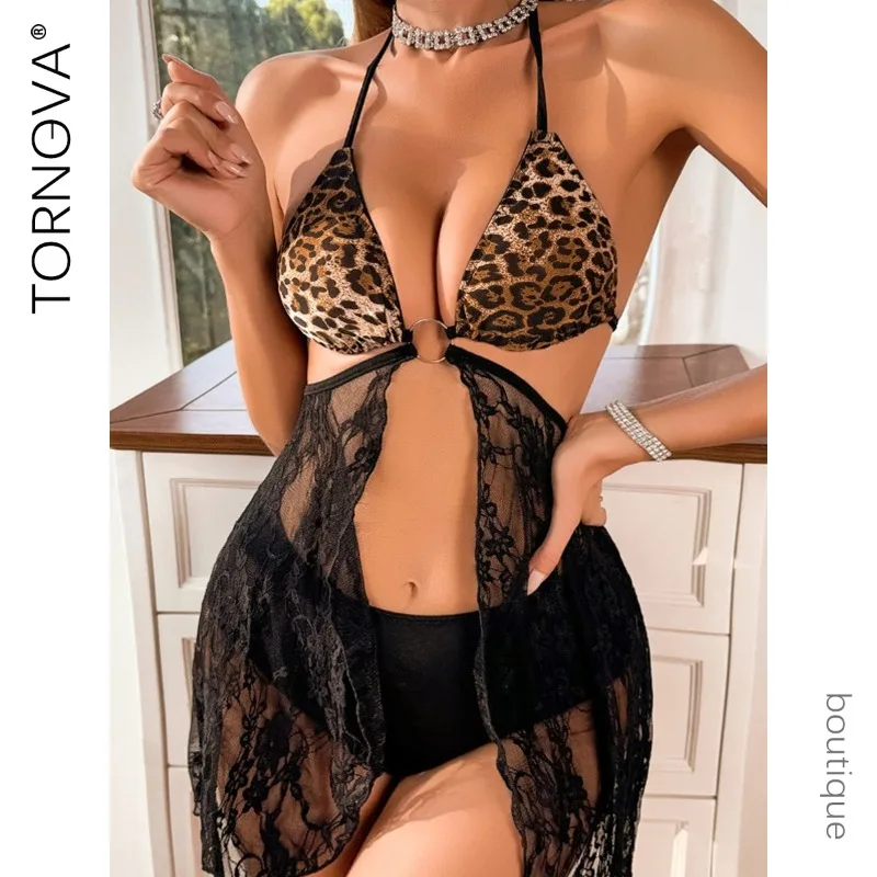 

Tornova Sexy Lingerie Suit for Women Mesh See-through Sexy Comfortable Waist-exposed Leopard Print Neck Hanger Underwear Set New
