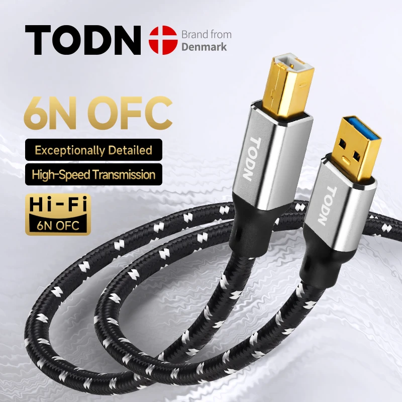 TODN Hifi USB-Kabel Hochreines 6N OFC Silber Typ A zu Typ B Hifi-Daten-Audio-Digitalkabel für DAC