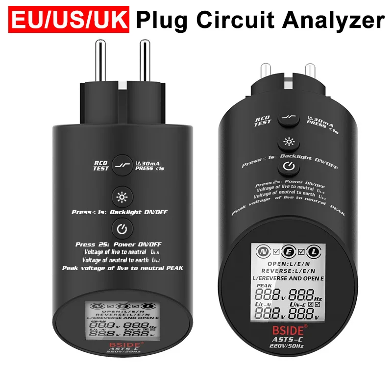 Professional Circuit Analyzer Socket Tester EU/US/UK Plug Outlet Checker Wiring Cable Status Check GFCI/RCD Meter with Backlight