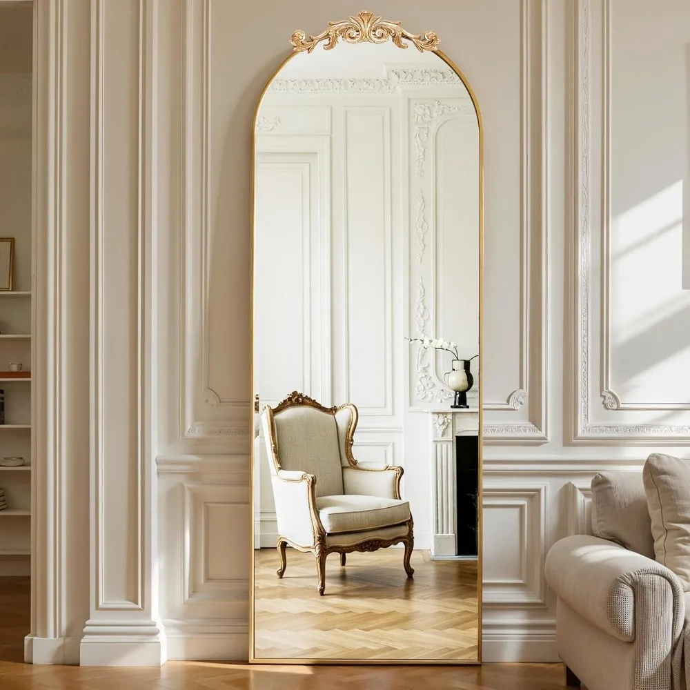 Antique Large Arched Full Body Mirror 65x24 Freestanding with French Carving Top Vintage Baroque Style