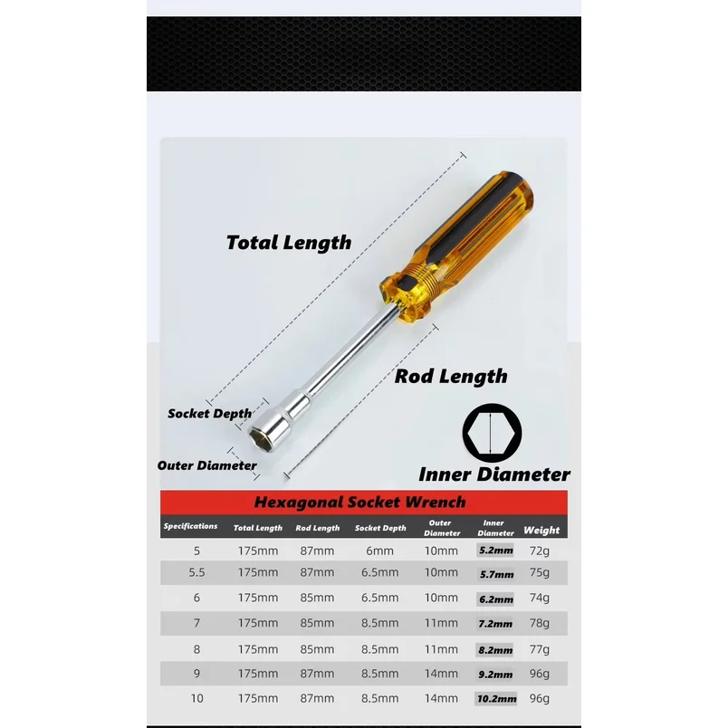 5/5.5/6/7/8/9/10mm Hex Socket Head Handle CRV Shaft Nut Screwdriver Nut-wrench M3 M4 Screwdriver Casing Batch Hand Repair Tools