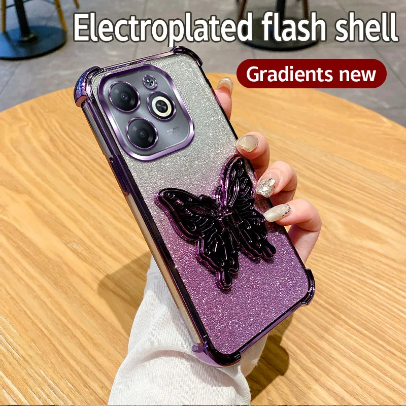 

Case For Infinix Smart 8 Pro Tecno Spark Go 2024 20 20C Pop8 Hot40i ItelP55Glitter Butterfly Holder Corner Anti-Shock Back Cover