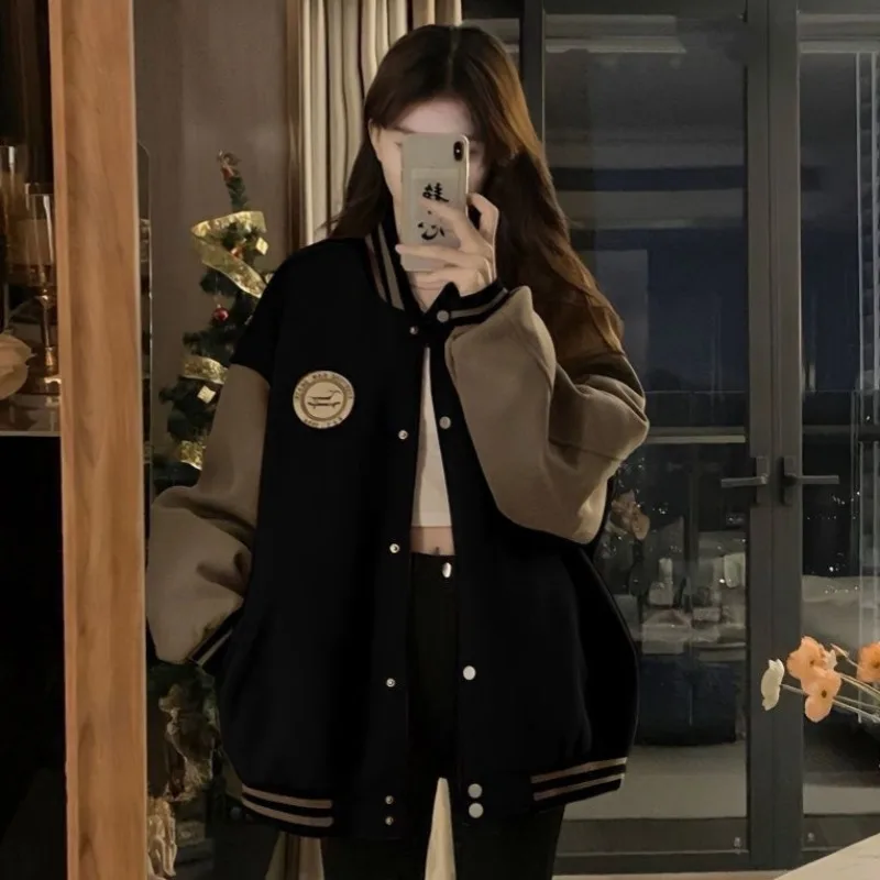 

Lazy Wind Baseball Jacket Women's Autumn and Winter Fleece Thickened Retro Loose Casual Cardigan Sweater Ins Tide