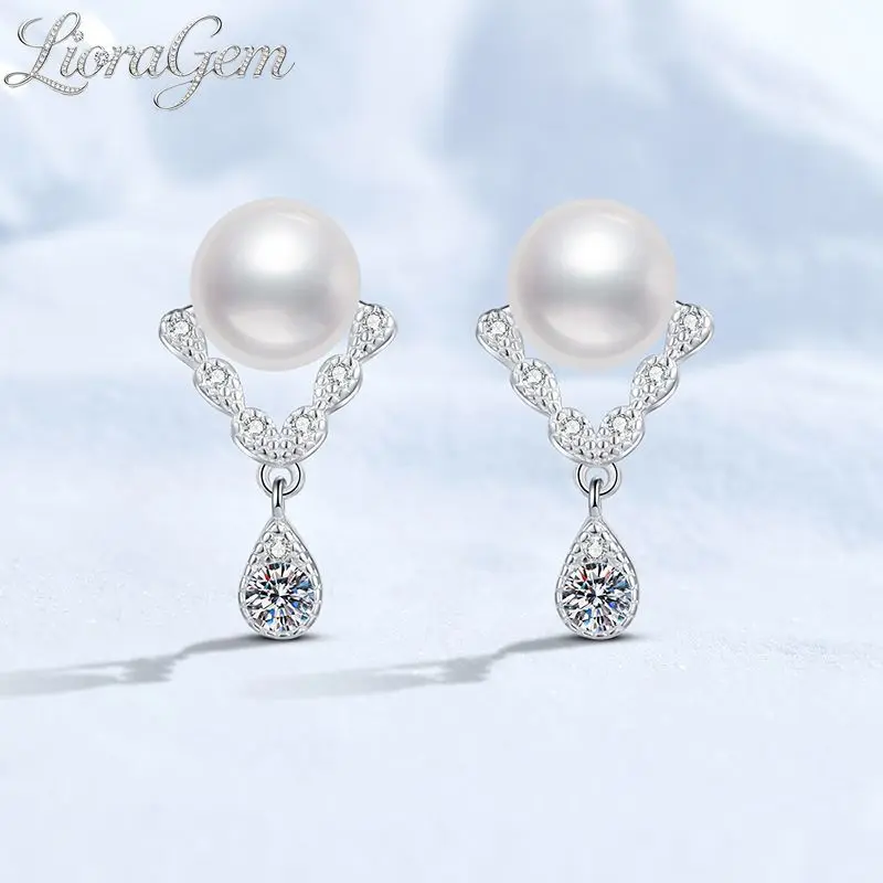 

LioraGem Moissanite Natural Freshwater Pearl Earrings, V-shaped Sophisticated Tassel Earrings for Women Platinum PT950 Stamp