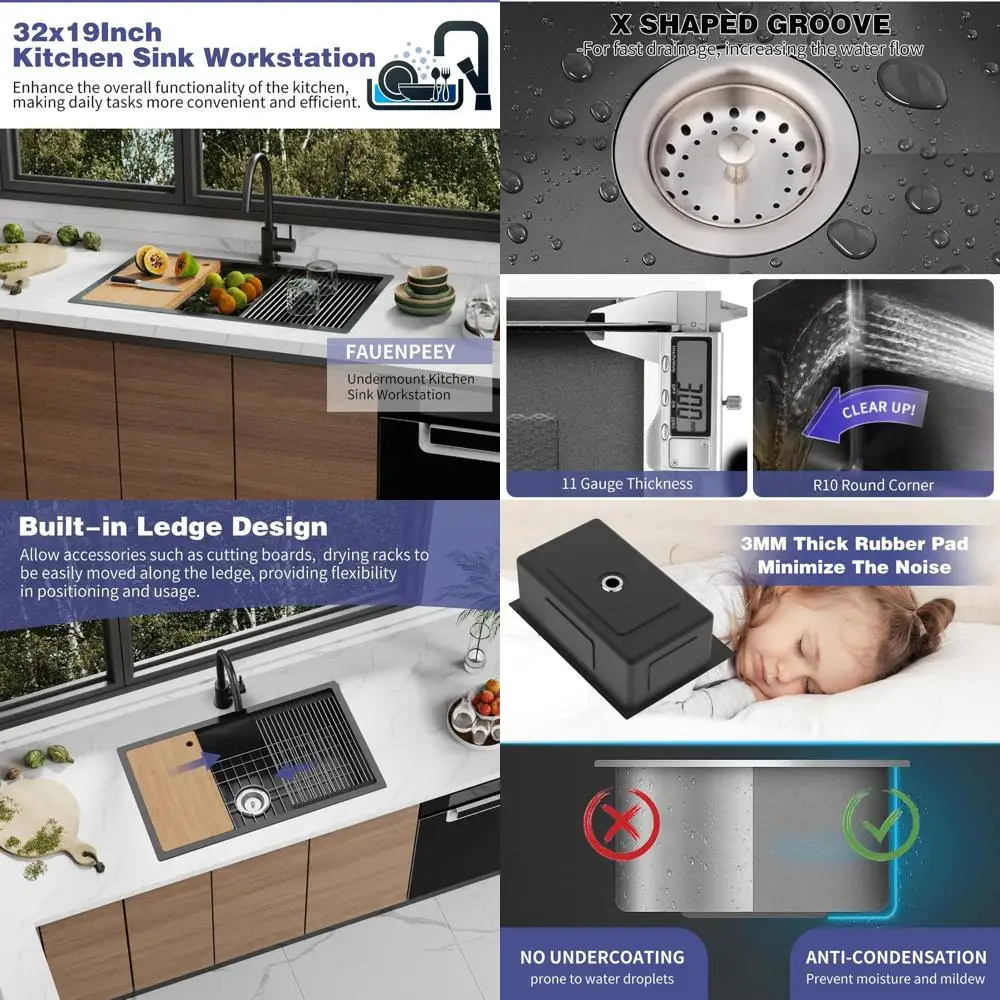 

32x19 Stainless Steel Undermount Single Bowl Sink with Built-in Ledge for Accessories - Ideal for Cutting Boards, Drying Racks,