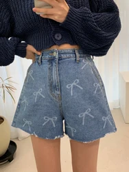 New 2024 Summer Denim Shorts For Women High Waist Printed Burrs Streetwear Mini Shorts Women Blue Color Jeans Short Hot Sale