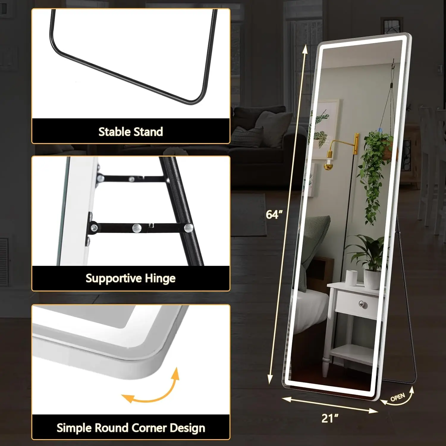 Miroir sur pied pleine longueur avec lumières LED, miroir de sol 4.2 avec support, gradation et 3 documents, 64 po x 21 po