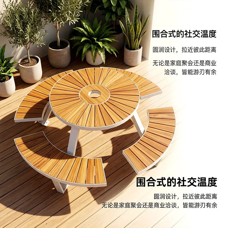 Outdoor park metal round table chairs indoor public leisure villa courtyard garden open-air solid wood dining table and chairs