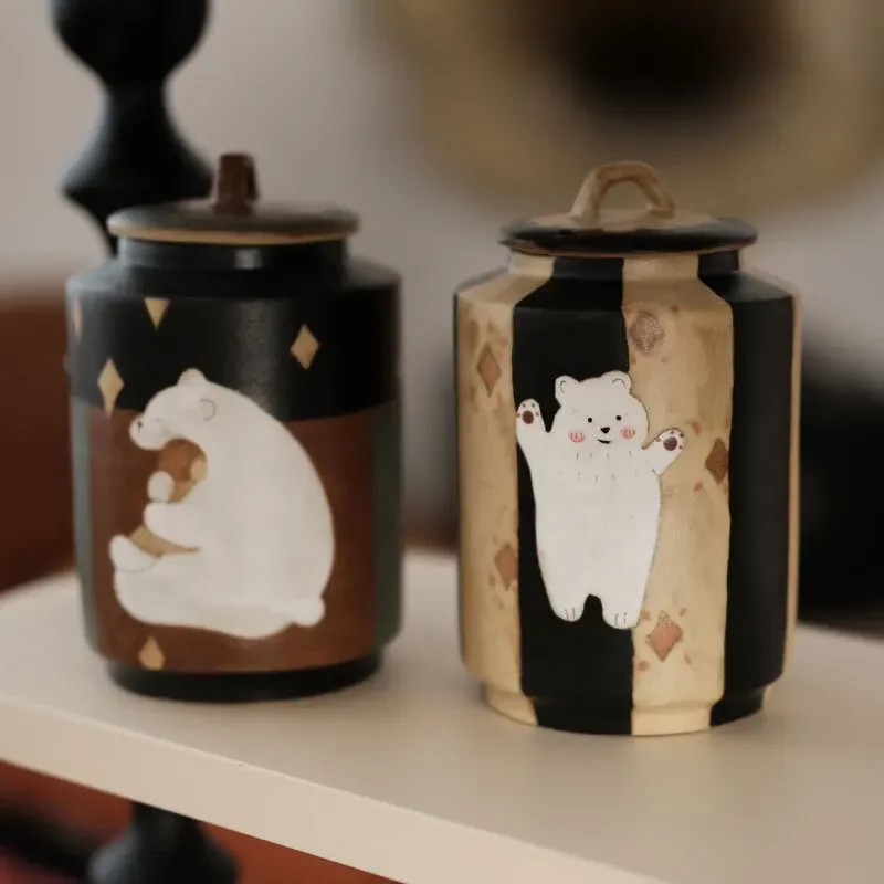 Loute White Bear Tea Cans for Cereals Decoration Ceramic Household Porch Storage Tank Kitchen Spice Pot Multi-functional