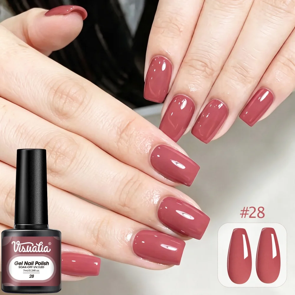 Visuatia # 28 Dusty Rose Nude Gel Polish 7ml, UV-LED Soak-Off Removable Phototherapy Gel. Gentle nude shade of bean paste color, provides natural coverage, and applies smoothly and evenly. The nail lamp cures and forms a durable, long-lasting coating, with gentle and versatile colors, suitable for daily commuting manicures and home DIY
