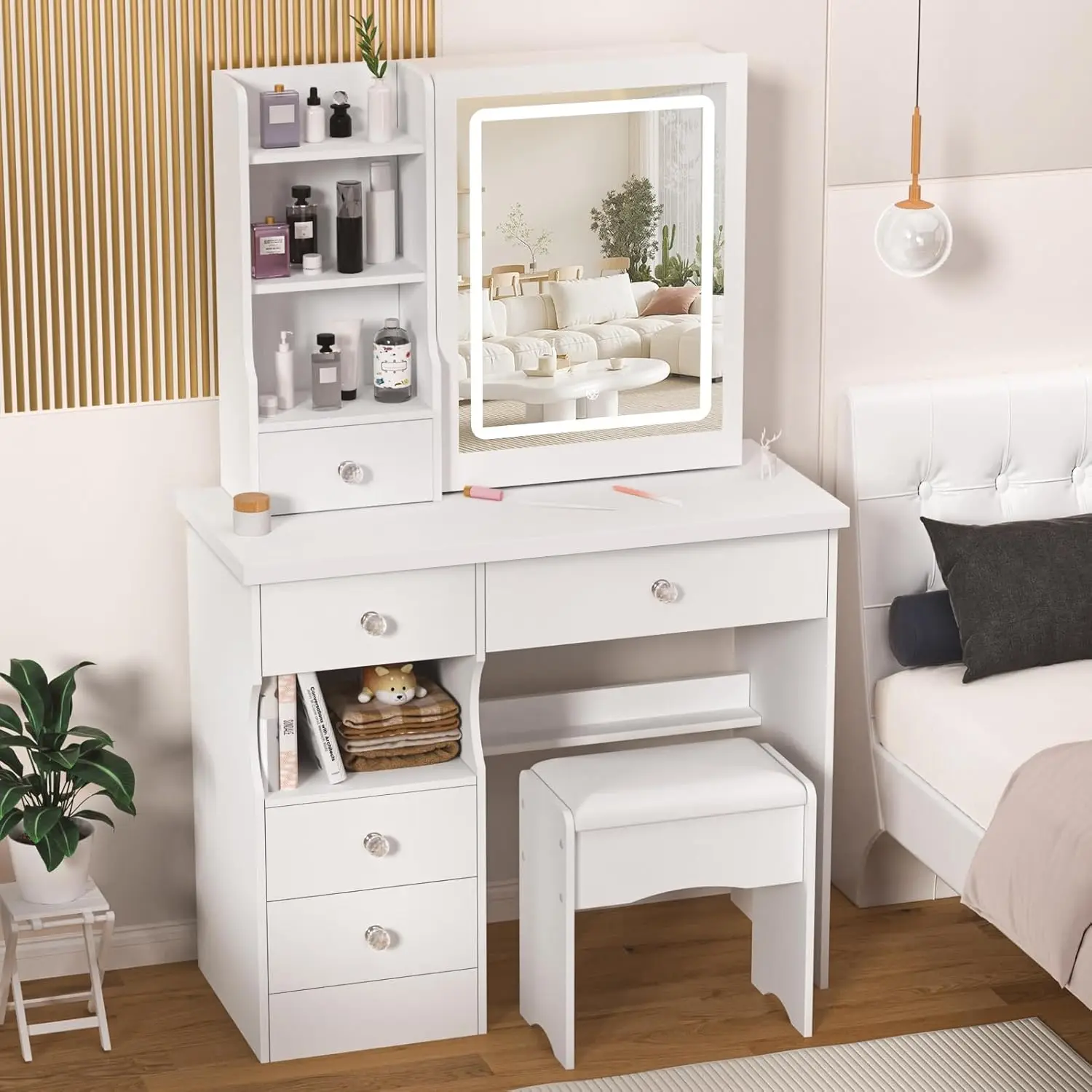 Vanity Desk With Led Lighted Mirror&Power Outlet, 3 Lighting Colors Makeup Vanity Desk With 5 Large Drawers And 3 Open Storage