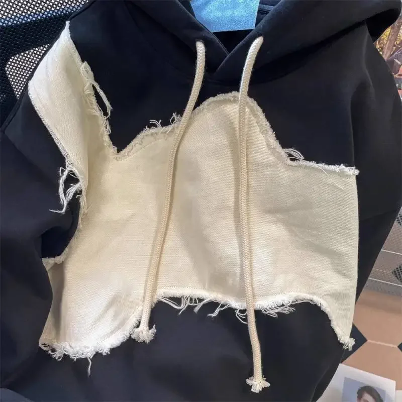 American retro unique unique patch stitching sweater women's autumn and winter new plus size loose fashion casual hooded coat.