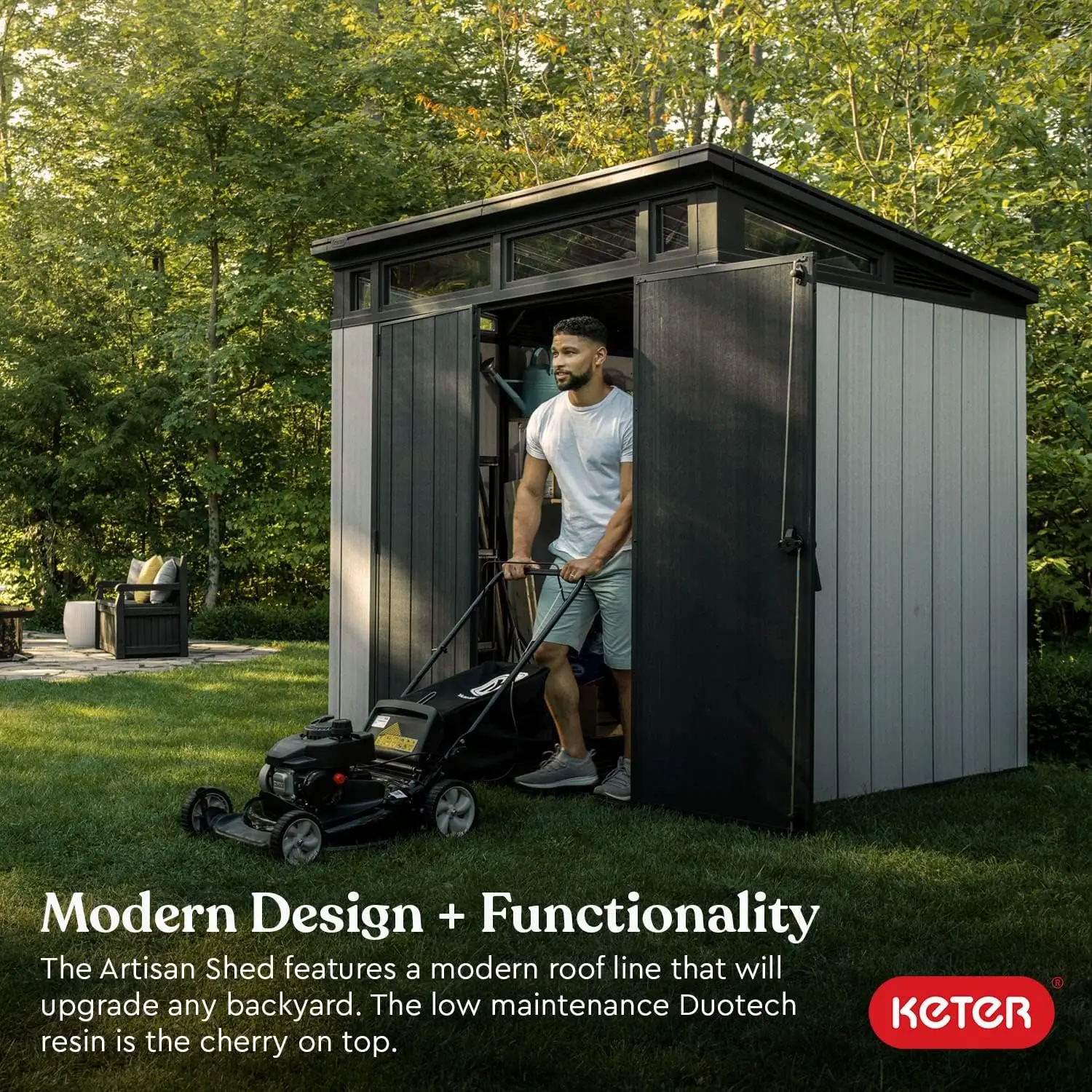 Keter Artisan 7 x 7 Foot All Weather Outdoor Storage Shed with Clear Windows, Built in Ventilation, Customizable Walls