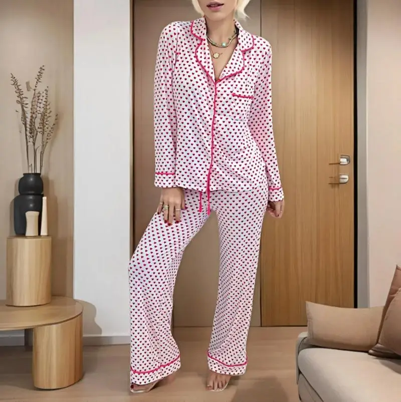 Cute Bow Print Pajamas Candy Cane Print Pj Set Long Sleeve Button Down Sleepwear Women 2 Piece Set Home Clothes Loungewear