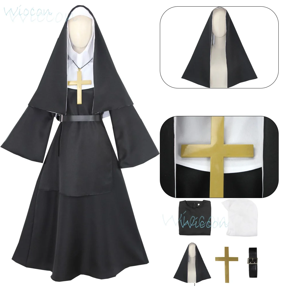 Nun Ghost Cosplay Costume Adult Children XS-XXXL Size Black Dress Headband Holloween Party RolePlay Suit Comic-con Show Uniform