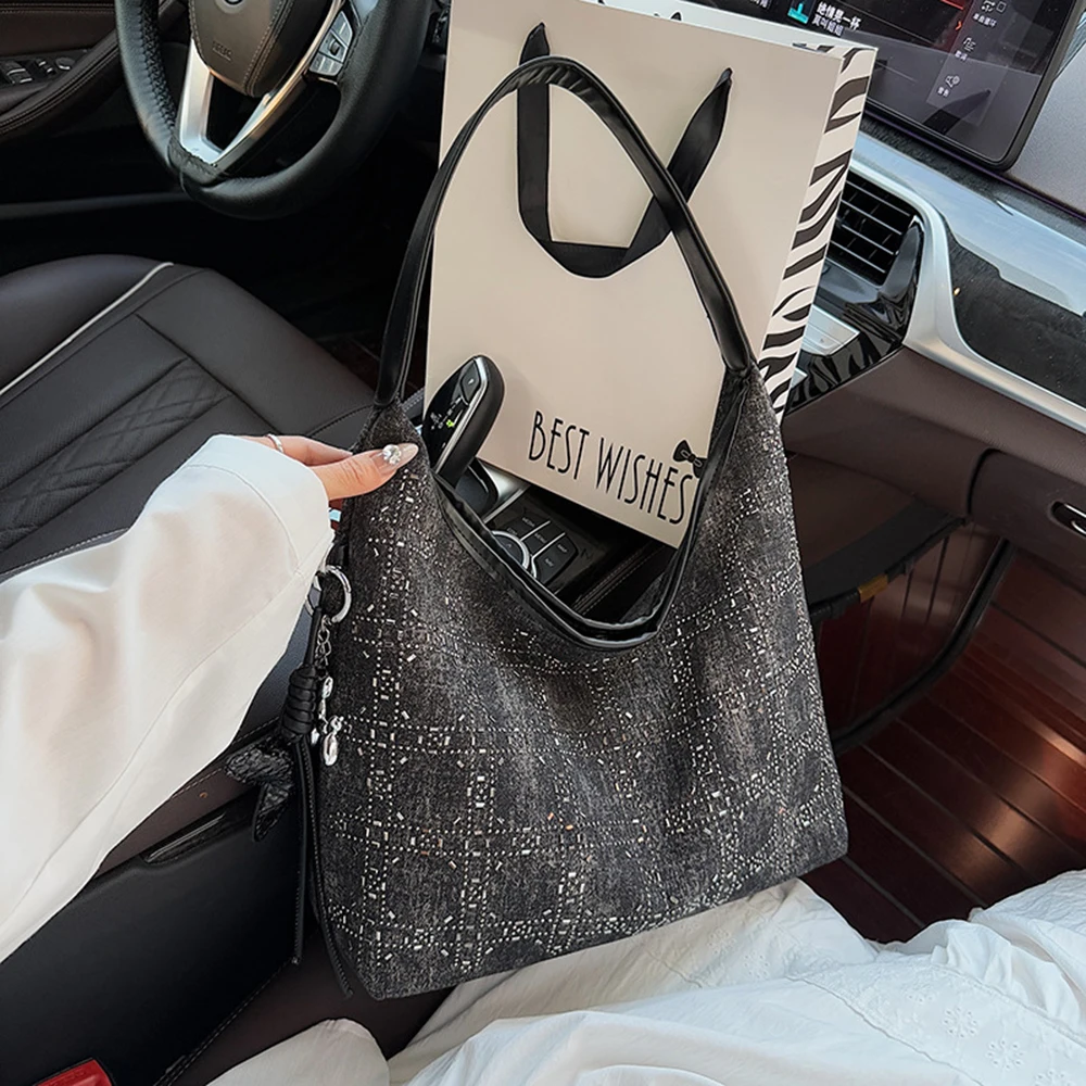 Rhinestone Embellished Denim Crossbody Bag Color Block Tote Purse Classic Design Minimalist Style Bags For Daily Commute Use