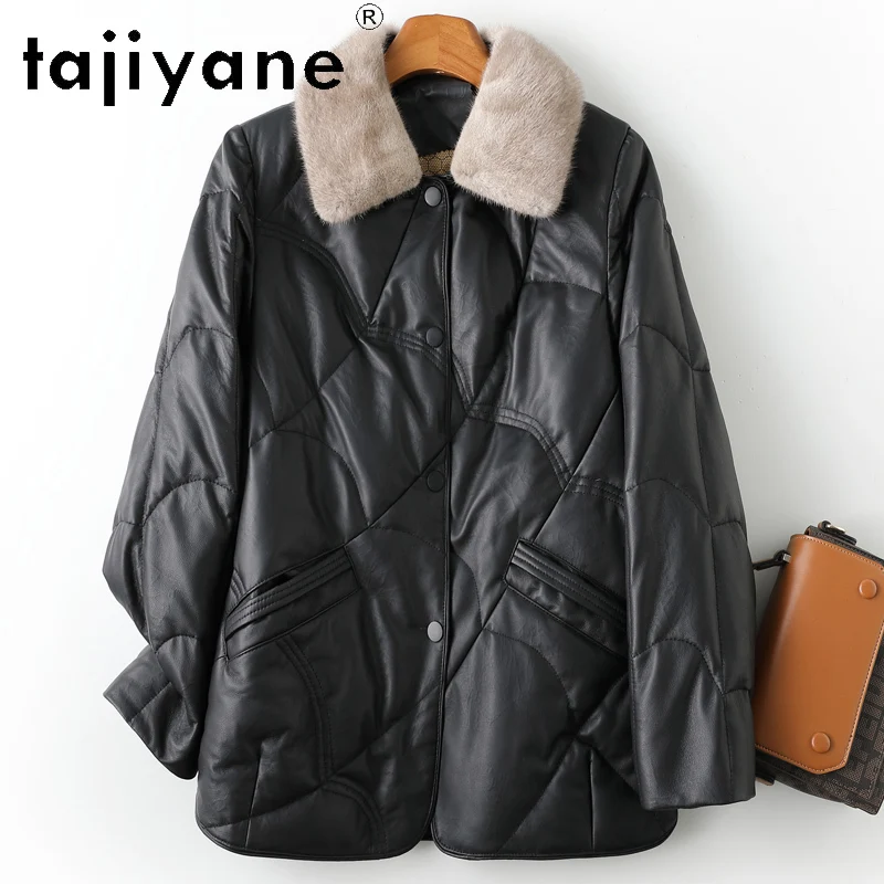 เสื้อแจ็คเก็ตขนเป็ดขาวแท้ 100% หนังแกะชั้นดี แบรนด์ TAJIYANE สำหรับผู้หญิง แจ็คเก็ตหนังแท้ทรงสั้น แต่งขนมิงค์ที่คอ ฤดูหนาว 2025
