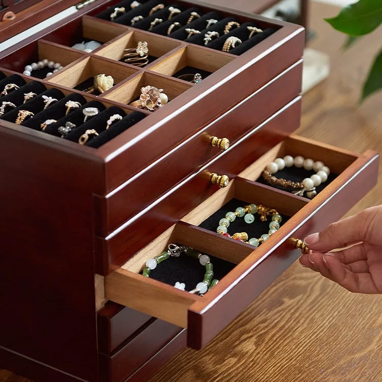 Custom Solid Wood Jewelry Box Wooden Storage Vintage Multi-layer Drawer Large Capacity Earrings Necklace Anti-oxidation view 3
