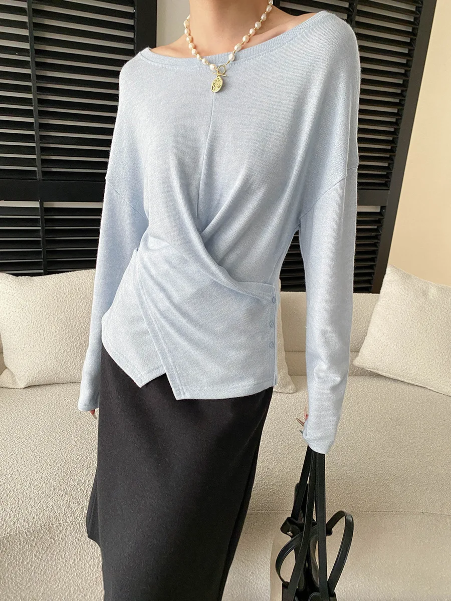 Autumn women's casual solid color fashionable irregular fold waist button design feeling base knit sweater