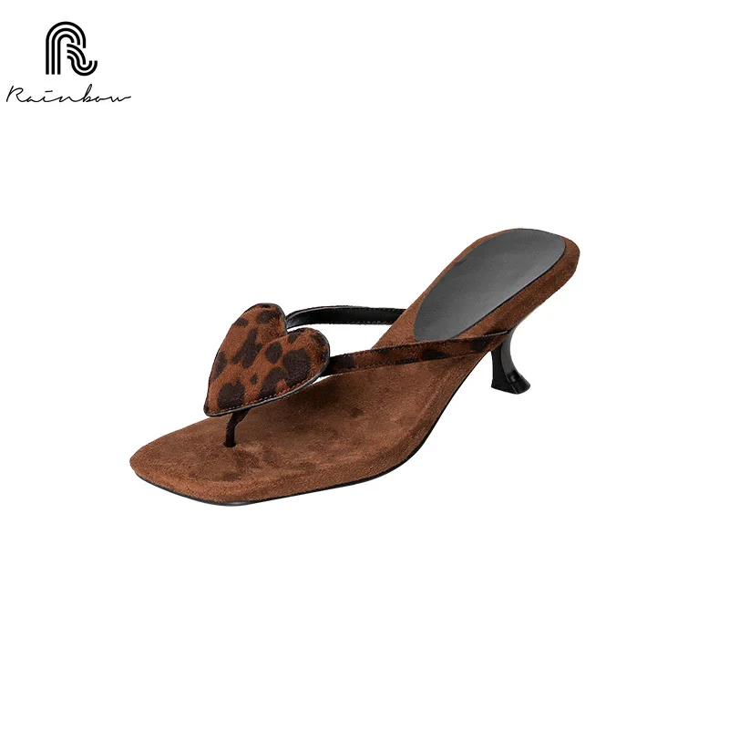 

RAINBOW Size 33-40 New Women Mules Sandals Fashion Sexy Leopard Real Leather Kitten High Heels Summer Shoes Party Dress Slippers