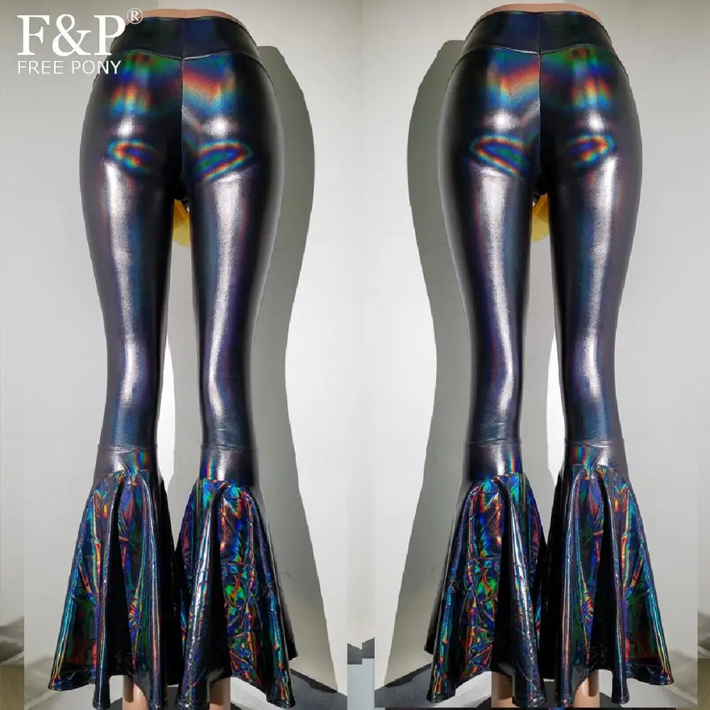 

Women Black Holographic Flare Bell Bottom Pants Leggings Rave Festival Clothes Outfits Vintage High Waisted Pants Leggings