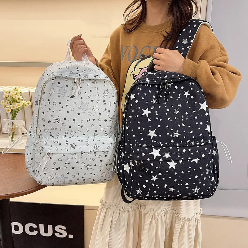Fresh Star Printed Backpack Simple Star Pattern Nylon Bag Large Capacity Light Girls School Daypack Campus Daily Commute Travel