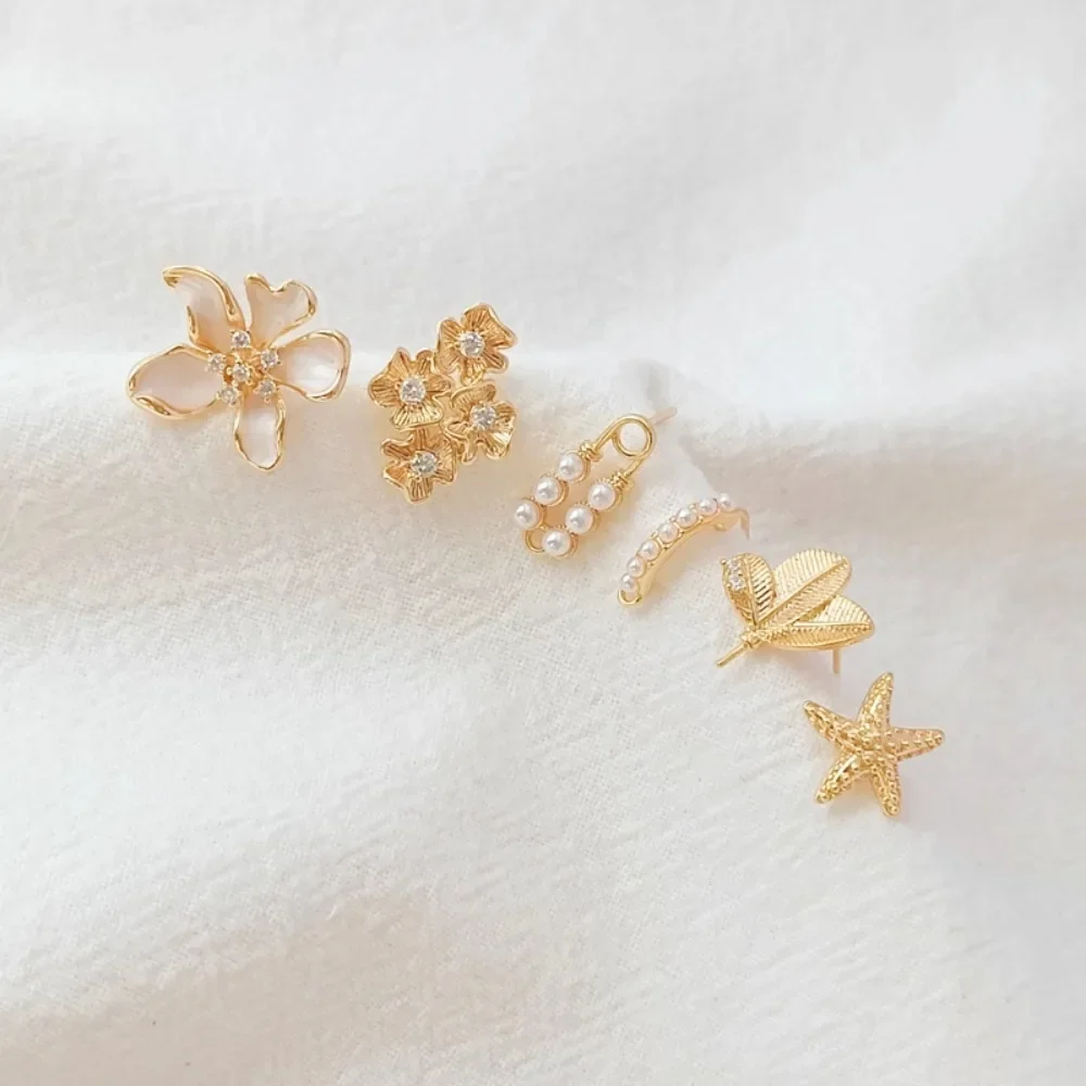 

14K Gold-plated Micro-inlaid Zircon with Pearl Flower-shaped Leaves, Earpins with Pendants, DIY Handcrafted Earrings