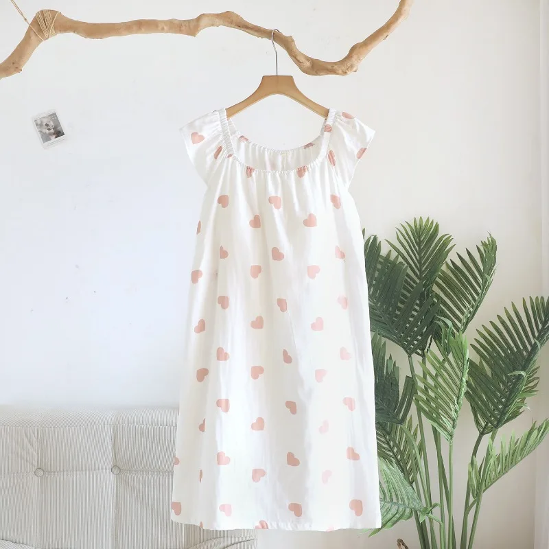 2026 New Summer Women's Sleeping Skirt 100% Cotton Gauze With Chest Mat Love Sweet And Cute Little Flying Sleeve Home Dress
