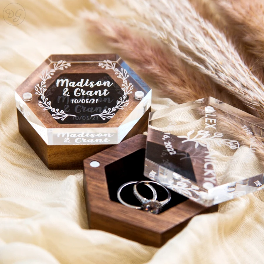 

Hexagon Ring Box with Clear Acrylic Lid & Wood Base, Personalized Wedding Ring Box for Engagement Ring Box, Ring Display Box
