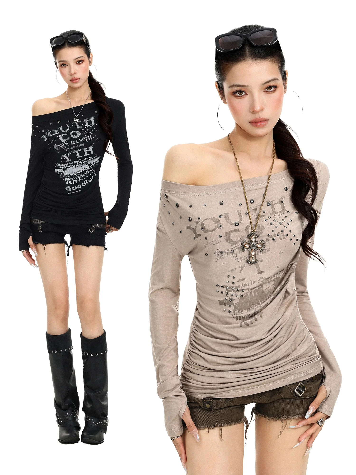 Biggold Spicy Girl Shoulder Letter Graffiti Long Sleeve T-Shirt Women's Initial Autumn Slim Shoulder Rivet Sunscreen Shirt Top